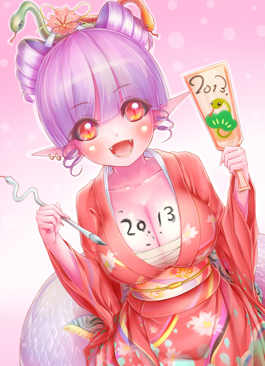 1girl 2013 blush body_writing breasts cleavage hagoita highres irudana large_breasts looking_at_viewer new_year open_mouth paddle pointy_ears purple_hair smile snake solo
