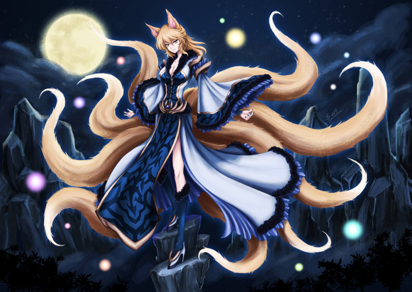 1girl alternate_costume animal_ears blonde_hair blue_dress blue_legwear breasts cleavage clouds collarbone dress fox_ears fox_tail high_heels kneehighs large_breasts lights long_hair long_sleeves looking_at_viewer multiple_tails night no_hat no_headwear outstretched_arms shoes sky skyspace solo tail touhou white_dress wide_sleeves yakumo_ran yellow_eyes
