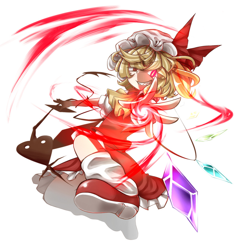 1girl ascot blonde_hair bow flandre_scarlet glowing glowing_eye grin hat hat_bow highres hijiri_(xxhizirixx) laevatein outstretched_hand red_eyes short_hair side_ponytail simple_background skirt skirt_set smile solo touhou white_background wings