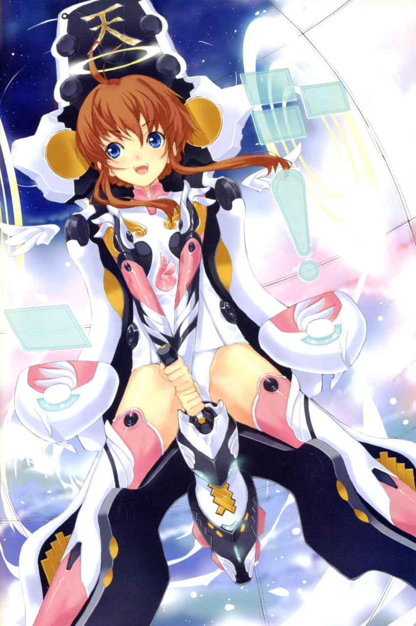 1girl :d absurdres angelic_layer artist_request blue_eyes bodysuit brown_hair chair halo highres holographic_interface joystick open_mouth payot pink_legwear scan smile suzuhara_misaki tagme thigh-highs zettai_ryouiki