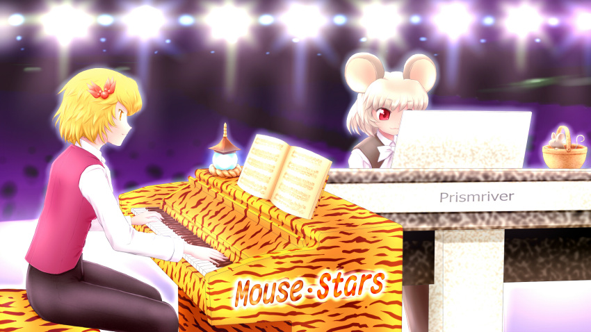 2girls :3 adapted_costume animal_ears basket blonde_hair bowtie formal hair_ornament highres instrument jeweled_pagoda long_sleeves mouse mouse_ears multiple_girls nazrin pants piano playing red_eyes sheet_music shirosato shirt silver_hair sitting smile tiger_print toramaru_shou touhou yellow_eyes