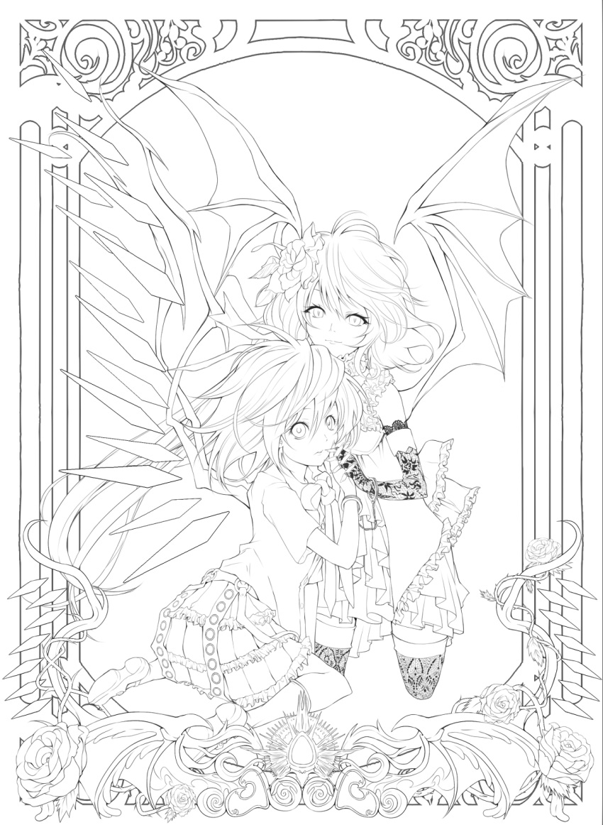 2girls alternate_costume bat_wings dress flandre_scarlet flower hair_flower hair_ornament highres holding_hands i-la lineart long_hair looking_at_viewer monochrome multiple_girls remilia_scarlet sitting skirt smile thigh-highs touhou wariza wings