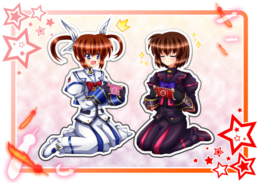 2girls blush bow brown_hair closed_eyes divinebuster12 feathers fingerless_gloves gloves hair_ribbon lyrical_nanoha magical_girl mahou_shoujo_lyrical_nanoha mahou_shoujo_lyrical_nanoha_a's mahou_shoujo_lyrical_nanoha_a's_portable:_the_battle_of_aces material-s multiple_girls open_mouth playstation_portable puffy_sleeves ribbon seiza short_hair short_sleeves short_twintails sitting smile star takamachi_nanoha tears twintails violet_eyes wariza