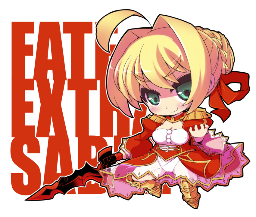 ahoge armor blonde_hair breasts chibi cleavage crazy_developers dress epaulettes fate/extra fate_(series) greaves green_eyes hair_bun hair_ribbon ribbon saber_extra smile sword weapon