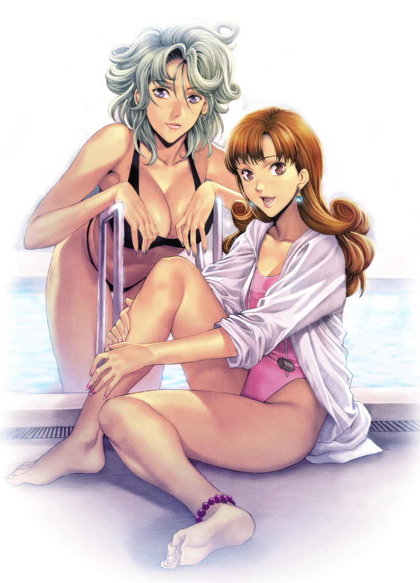 2girls :d alena barefoot bikini blue_eyes breasts brown_hair cleavage collarbone curly_hair dragon_quest dragon_quest_iv earrings green_hair heroine_(dq4) highres homare_(fool's_art) jewelry looking_at_viewer multiple_girls one-piece_swimsuit open_mouth pool red_eyes sitting sleeves_rolled_up smile soles swimsuit water