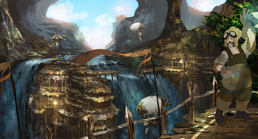 1boy airship blue_eyes brown_hair dirty fantasy gloves goggles goggles_on_head hair_over_one_eye landscape long_hair mask obaryo original solo water waterfall