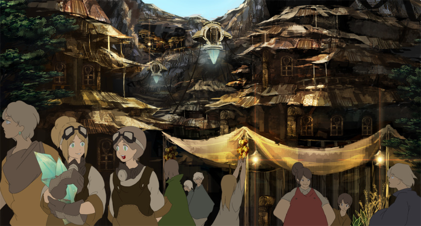 blonde_hair blue_eyes brown_eyes brown_hair city commentary_request crystal fantasy gas_mask gloves goggles goggles_on_head green_eyes landscape lantern long_hair mountain obaryo original