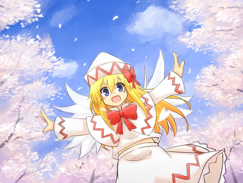 1girl blonde_hair blue_eyes blue_sky bow capelet cherry_blossoms fairy_wings hat hat_bow highres lily_white long_hair long_sleeves looking_at_viewer open_mouth outstretched_arms petals s_katsuo shirt skirt sky smile solo touhou tree wings