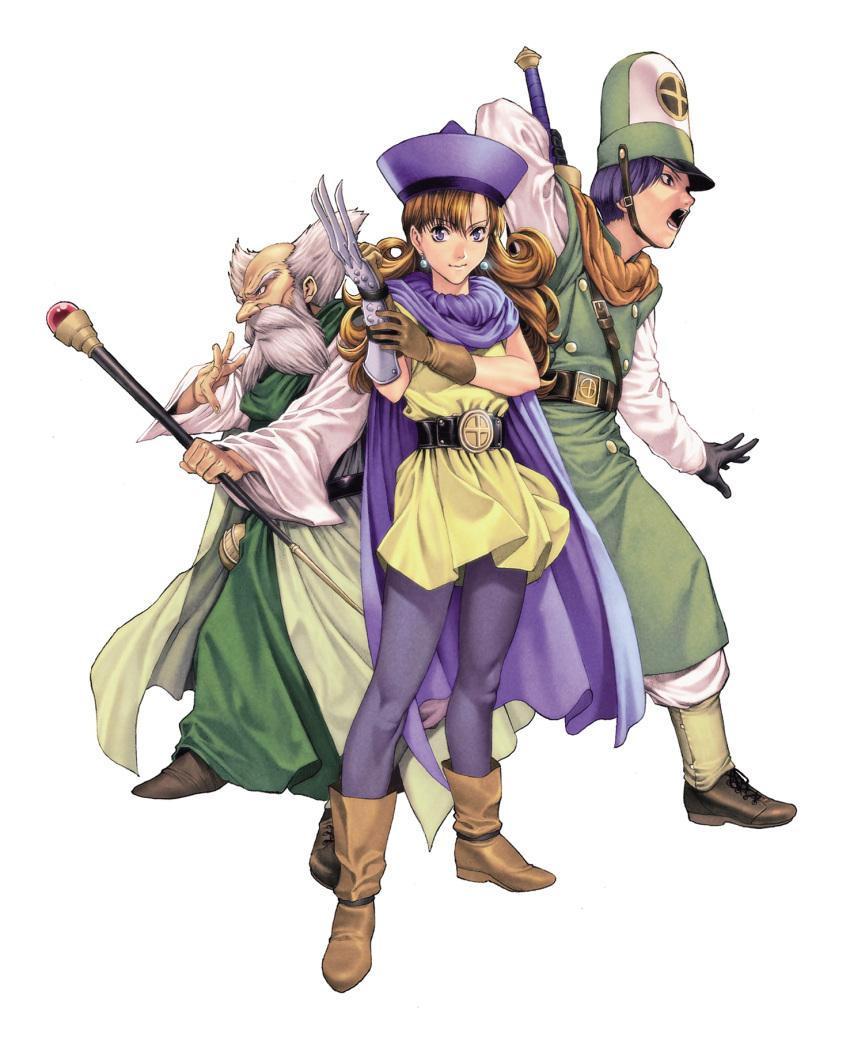 1girl 2boys alena beard belt black_eyes blue_eyes boots brey brown_hair cape claws clift dragon_quest dragon_quest_iv dress earrings facial_hair fighting_stance gloves grey_eyes hat highres homare_(fool's_art) jewelry long_hair looking_at_viewer multiple_boys mustache open_mouth orange_hair pantyhose purple_hair ready_to_draw robe shoes simple_background slit_pupils staff strap sword weapon white_background white_hair