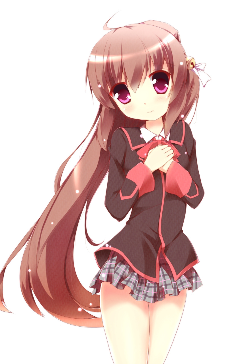 1girl brown_hair fuuna highres little_busters!! long_hair natsume_rin pink_eyes plaid plaid_skirt ponytail school_uniform skirt