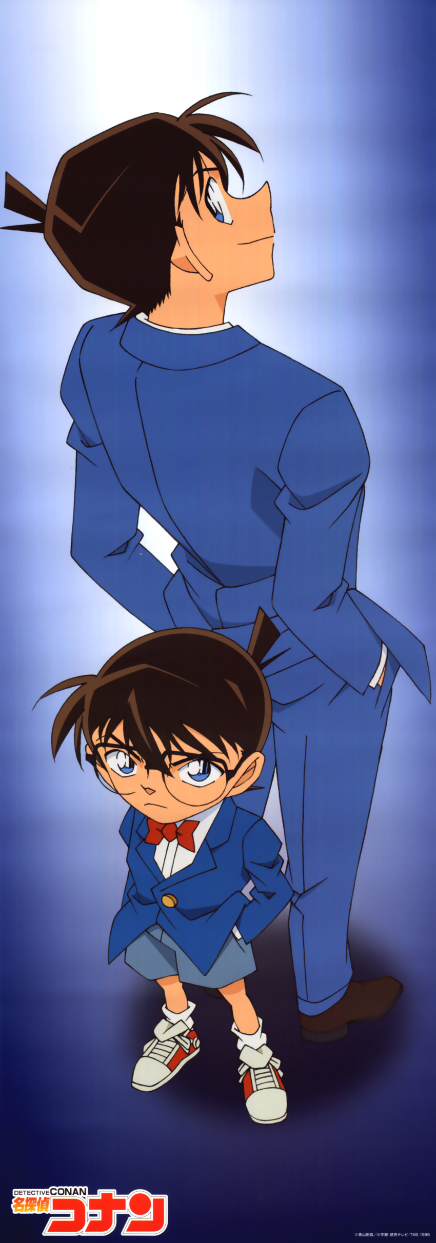 2boys absurdres ahoge blue_eyes brown_hair detective_conan edogawa_conan glasses highres kudou_shin'ichi multiple_boys school_uniform short_hair smile