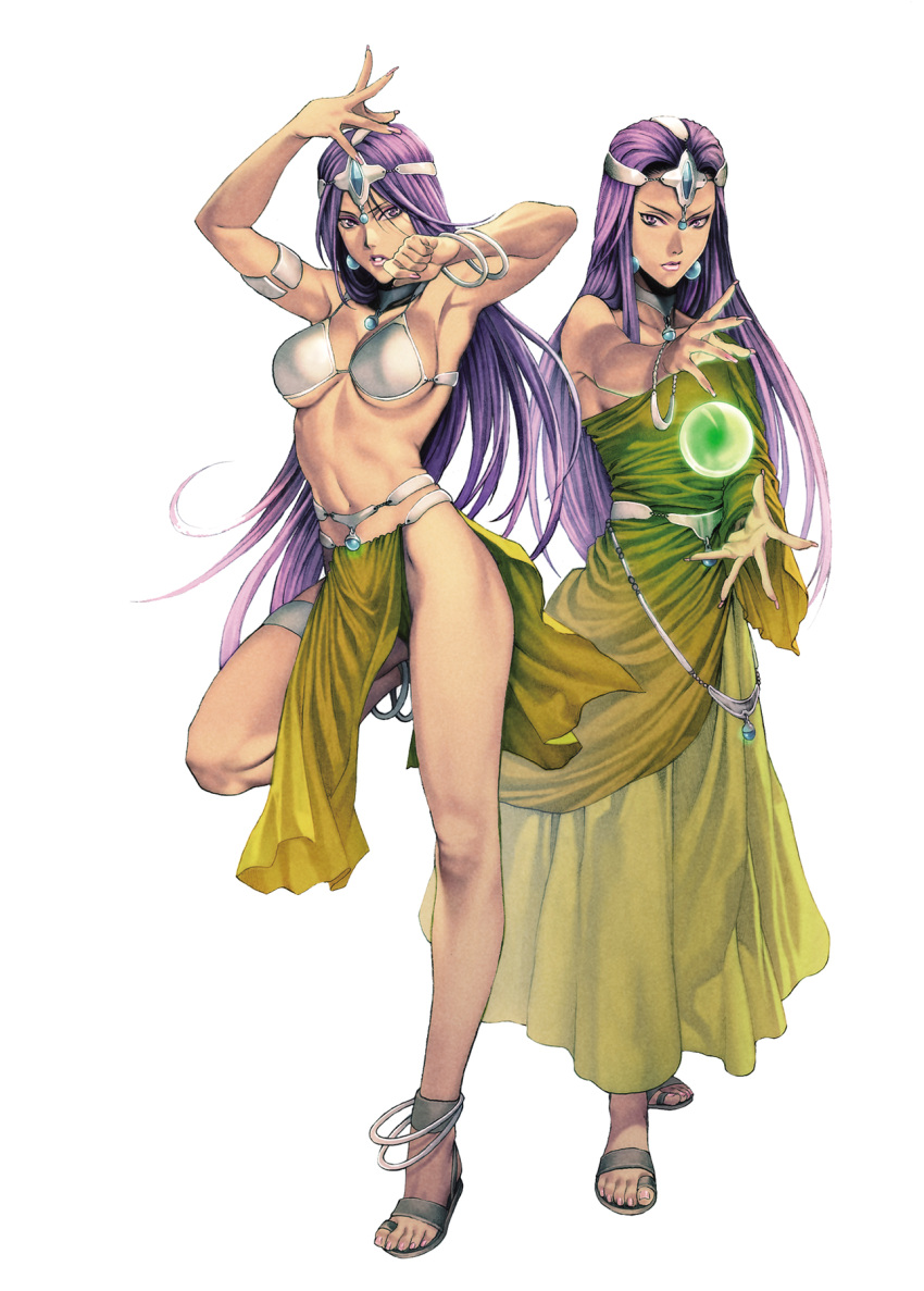 2girls anklet armor armpits arms_up bikini_armor bracelet breasts choker circlet crystal_ball dark_skin dragon_quest dragon_quest_iv dress earrings feet fighting_stance hands highres homare_(fool's_art) jewelry legs lips lipstick loincloth long_hair looking_at_viewer makeup manya midriff minea multiple_girls nail_polish navel necklace purple_hair purple_lipstick realistic sandals siblings simple_background sisters standing_on_one_leg thigh_strap twins under_boob violet_eyes white_background
