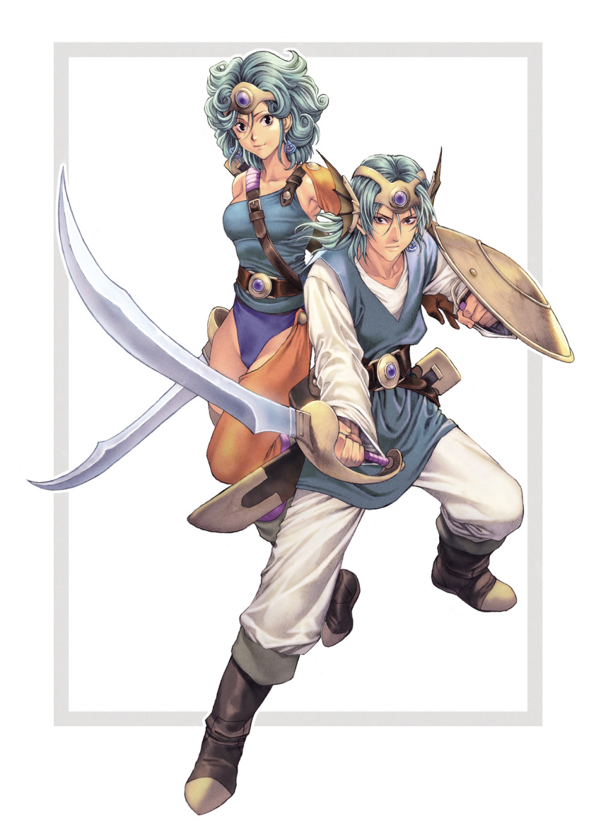 1boy 1girl belt black_eyes boots circlet curly_hair dragon_quest dragon_quest_iv dual_persona earrings gloves hero_(dq4) heroine_(dq4) highres homare_(fool's_art) jewelry light_smile looking_at_viewer scabbard sheath shield simple_background single_thighhigh strap sword thigh-highs weapon white_background