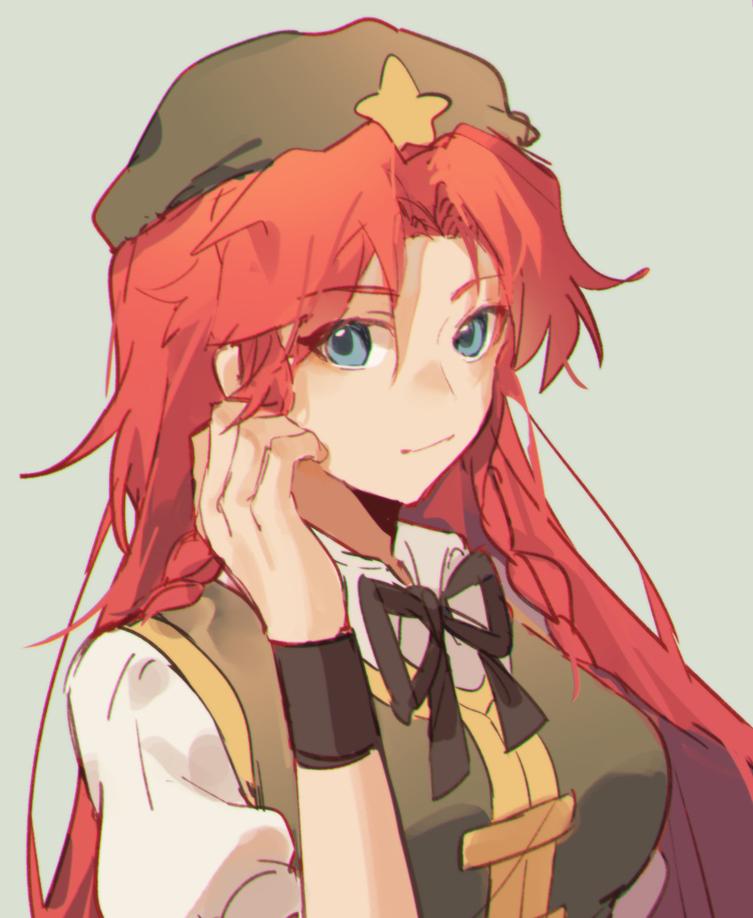 1girl beret blue_eyes collared_shirt commentary_request green_headwear green_vest hand_on_own_face hand_up hat highres hong_meiling liangyilin long_hair looking_at_viewer neck_ribbon redhead ribbon shirt short_sleeves simple_background star_(symbol) touhou upper_body vest wristband
