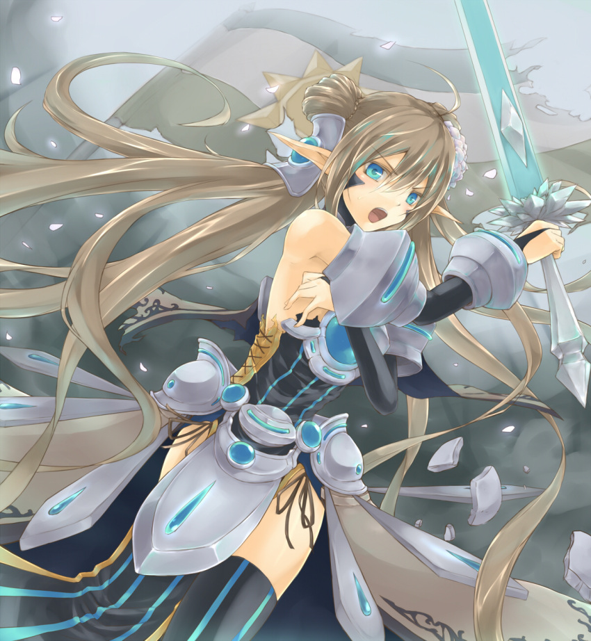 1girl ahoge armor bare_shoulders blue_eyes bridal_gauntlets brown_hair cardfight!!_vanguard elbow_gloves faulds flower gloves hair_flower hair_ornament highres leading_jewel_knight_salome long_hair open_mouth petals pointy_ears royal_paladin rr＠pfnw solo sword thigh-highs torn_clothes twintails weapon