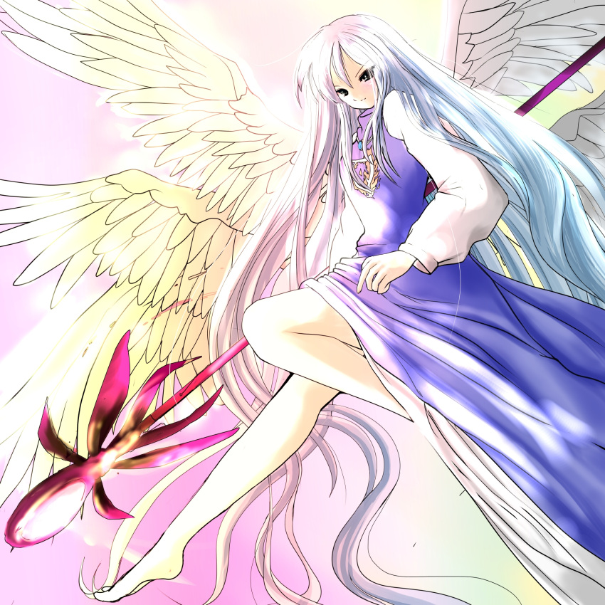 1girl angel_wings barefoot black_eyes crest dress gradient gradient_background gradient_hair high_collar highres jewelry leg_up legs light_smile long_hair long_sleeves multicolored_hair necklace nyago sariel solo staff touhou touhou_(pc-98) very_long_hair wings