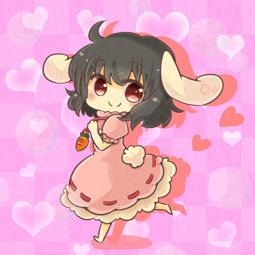 1girl ahoge animal_ears barefoot black_hair bubble bunny_tail carrot checkered checkered_background chibi dress heart highres inaba_tewi iwari_(kerokeroboushi) jewelry looking_at_viewer pendant pink_dress puffy_short_sleeves puffy_sleeves rabbit_ears red_eyes shadow short_hair short_sleeves solo tail touhou walking