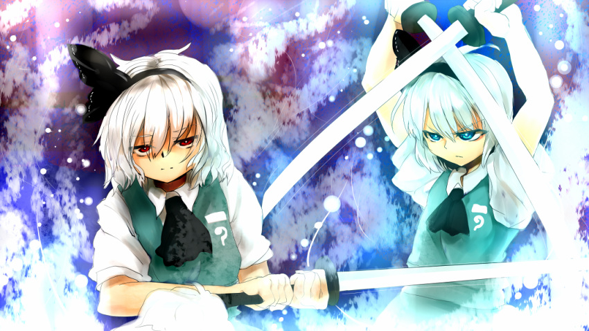 2girls arms_up ascot blue_eyes dress dual_persona dual_wielding green_dress hair_ribbon katana konpaku_youmu mizuga multiple_girls red_eyes ribbon shirt short_hair short_sleeves silver_hair sword touhou weapon