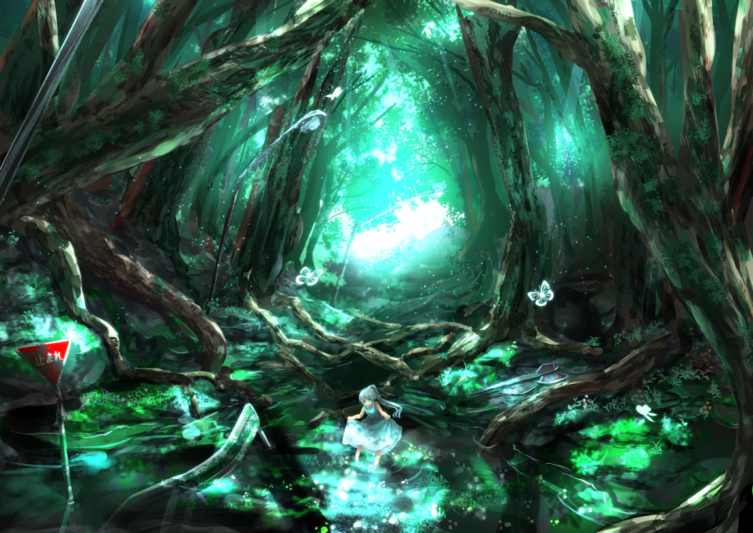 1girl butterfly dress dress_lift flower forest glowing lake lamp light_particles long_sleeves moss nature original overgrown ponytail post-apocalypse road_sign ryosios sign silver_hair sleeveless sleeveless_dress white_dress