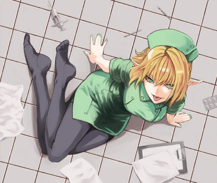 1girl alternate_costume black_legwear blonde_hair breasts clipboard from_above green_eyes green_nails hat hinomoto_madoka large_breasts looking_at_viewer looking_up mizuhashi_parsee no_shoes nurse nurse_cap pantyhose paper pointy_ears scalpel short_sleeves solo syringe tile_floor tiles tongue tongue_out touhou