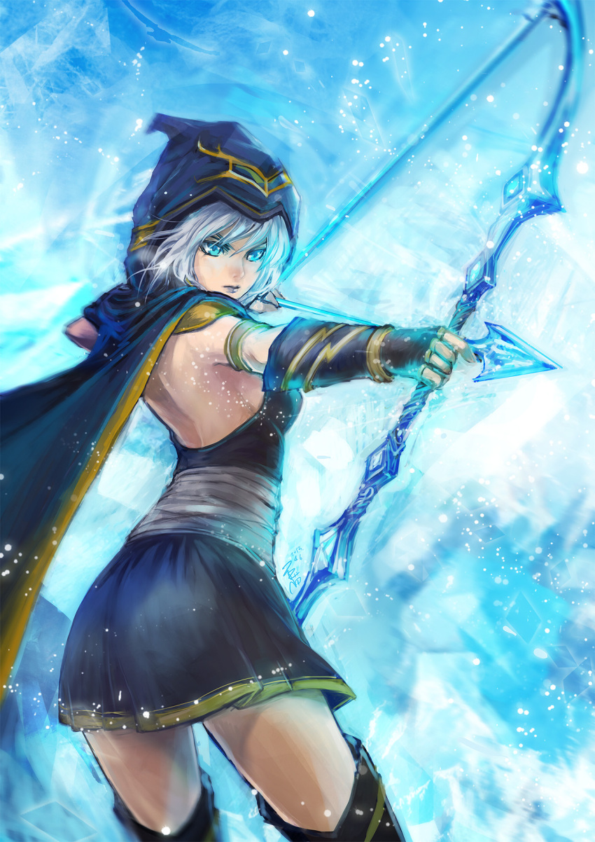 1girl aa2233a arrow ashe_(league_of_legends) blue_eyes bow breasts cape highres hood ice league_of_legends light_particles sideboob silver_hair snow solo