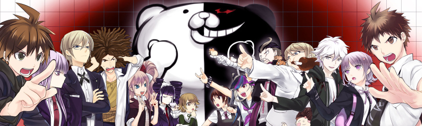 \m/ black_hair blonde_hair brown_hair celestia_rudenberk closed_eyes cup dangan_ronpa drill_hair enoshima_junko fujisaki_chihiro gothic_lolita hagakure_yasuhiro hamster hanamura_teruteru highres hinata_hajime hoodie kirigiri_kyouko koizumi_mahiru komaeda_nagito kuronomine lolita_fashion long_hair mioda_ibuki monokuma multicolored_hair naegi_makoto nanami_chiaki necktie open_mouth piercing pink_hair pointing purple_hair scarf school_uniform serafuku short_hair super_dangan_ronpa_2 tanaka_gandamu teacup togami_byakuya twin_drills v white_hair