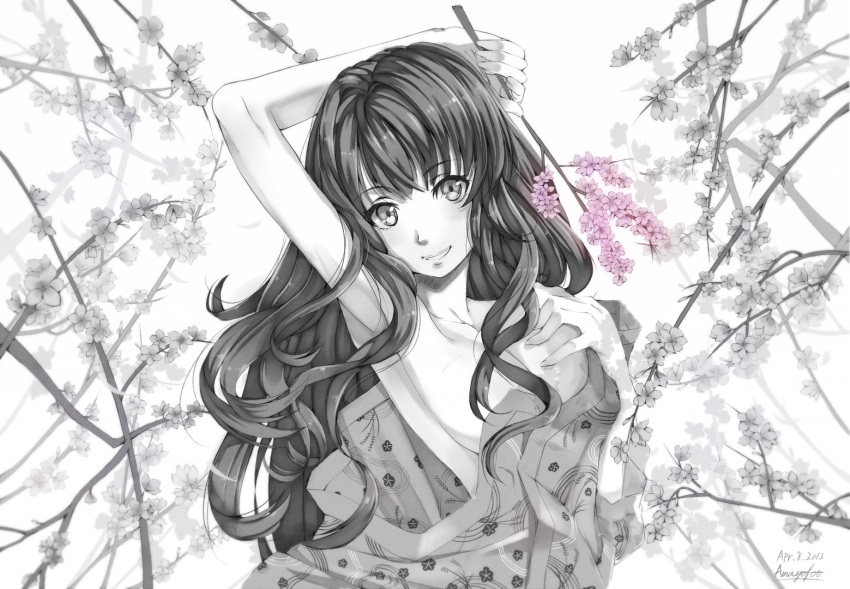 1girl amayofuu armpits bare_shoulders branch cherry_blossoms highres long_hair looking_at_viewer monochrome open_mouth original smile solo spot_color undressing wavy_hair