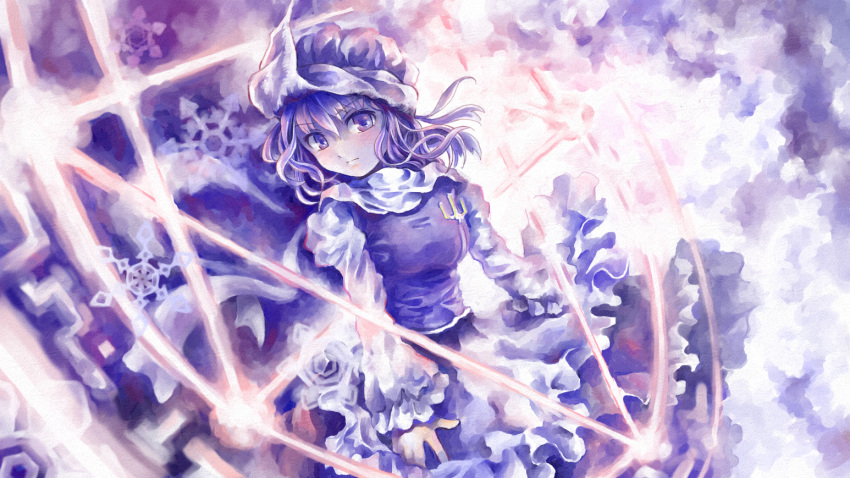 1girl apron breasts clouds dutch_angle frills hat hexagram high_collar juliet_sleeves letty_whiterock long_sleeves looking_at_viewer magic_circle nagayo pin puffy_sleeves purple_background purple_hair short_hair snowflakes solo touhou violet_eyes waist_apron wide_sleeves