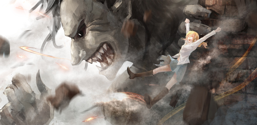 \o/ arms_up blonde_hair boots brick christa_renz die_(artist) giant highres outstretched_arms ponytail shingeki_no_kyojin shirt skirt spoilers teeth white_shirt ymir_(shingeki_no_kyojin)