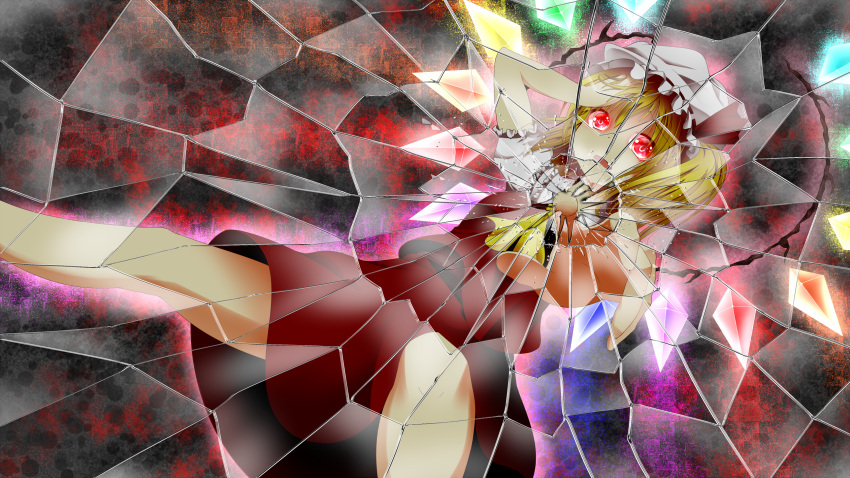 1girl arm_up ascot aura blonde_hair broken_glass fang flandre_scarlet foreshortening glass glowing glowing_eyes gradient gradient_background hand_on_own_head highres index_finger_raised mob_cap open_mouth red_eyes shards short_hair side_ponytail skirt skirt_set solo touhou wings yuzutei
