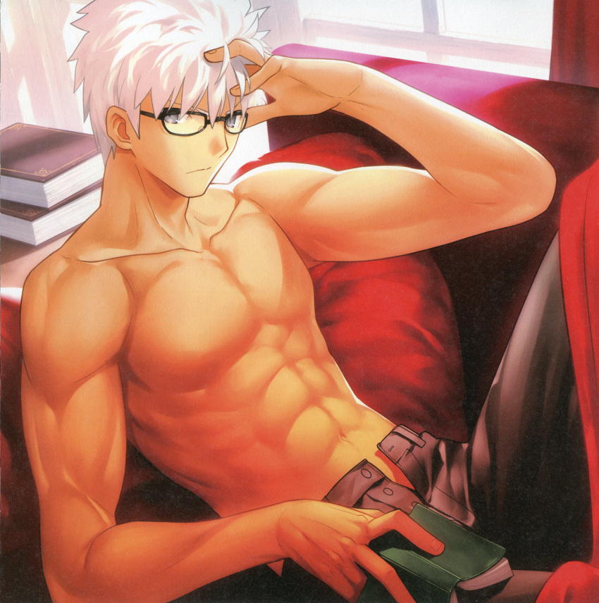 1boy abs archer book couch dark_skin fate/extra_ccc fate_(series) fit glasses grey_eyes highres lying male navel on_back shirtless sofa solo takeuchi_takashi unbuttoned white_hair