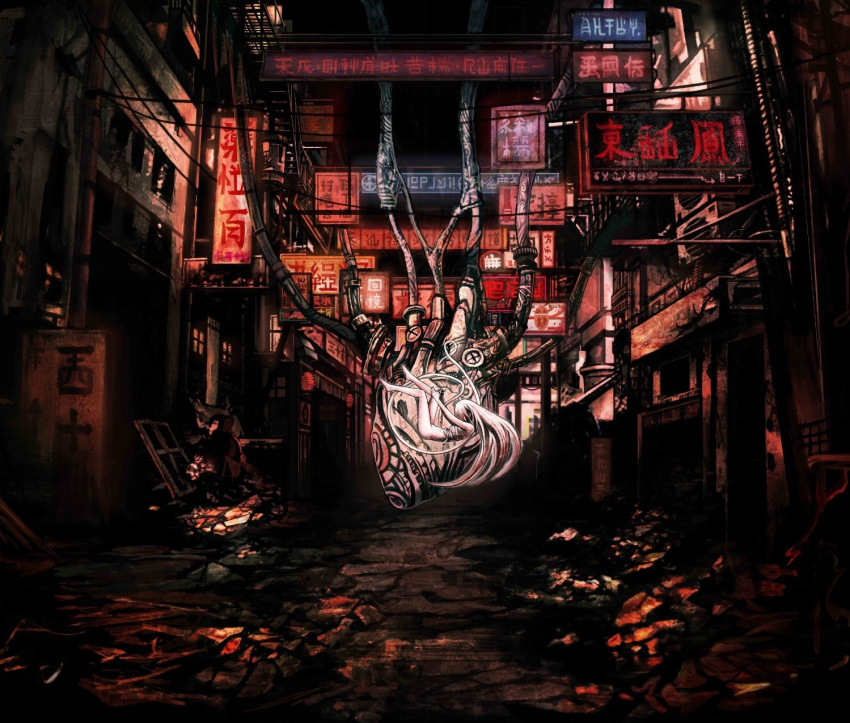 1girl album_cover building cable city cover dark highres no_pants original ruins sign toi_(number8) vocaloid