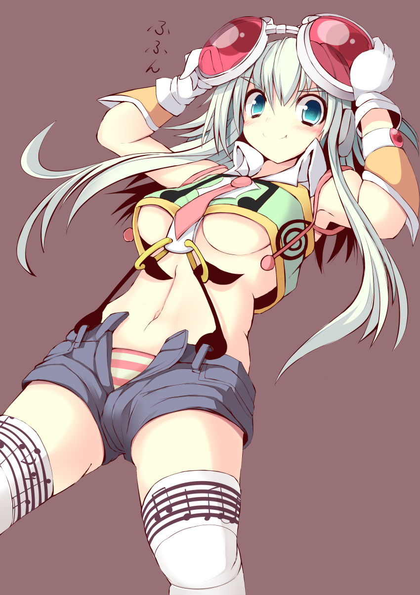 1girl absurdres adjusting_goggles alternate_hair_color armpits blue_eyes blush breasts gloves goggles goggles_on_head gumi highres looking_at_viewer midriff musical_note navel necktie open_fly panties payot shorts silver_hair simple_background smile solo striped striped_panties sukage thigh-highs under_boob underwear unzipped vocaloid white_legwear