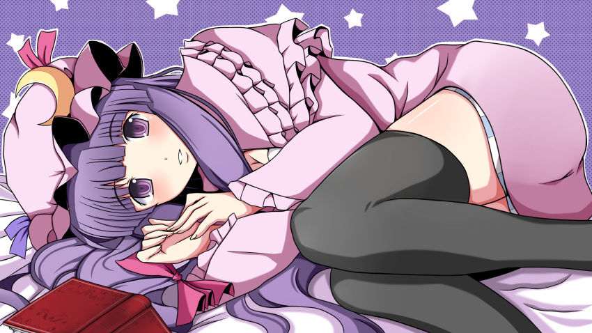 1girl black_legwear book capelet coat crescent dress hat highres long_hair long_sleeves looking_at_viewer lying on_side patchouli_knowledge purple_hair sawade solo star striped striped_dress thigh-highs touhou very_long_hair violet_eyes wide_sleeves zettai_ryouiki