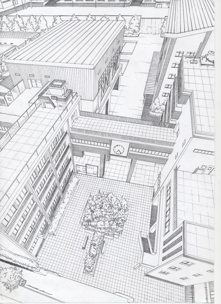 absurdres building cityscape clock highres lineart monochrome nib_pen_(medium) no_humans original rooftop scan suishougensou traditional_media tree