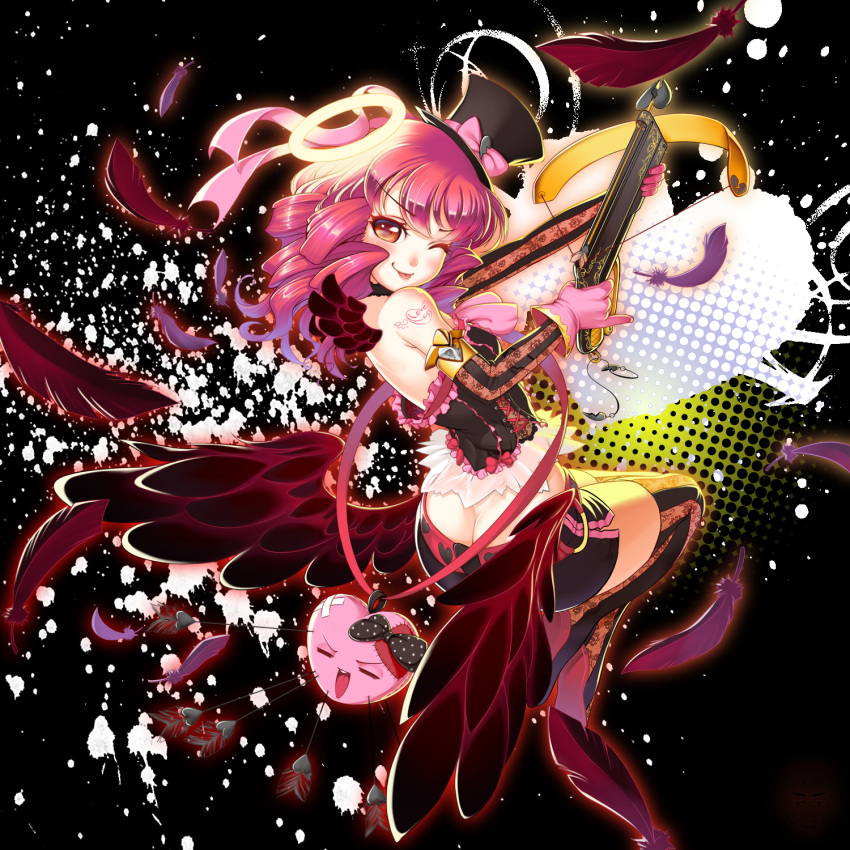 :p arrow ass bare_shoulders bow bow_(weapon) brown_eyes bustier butt_crack crossbow cupid elbow_gloves feathers gloves hair_ribbon halo hat heart highres lucknight miniskirt original pink_hair ribbon skirt tattoo thigh-highs tongue top_hat weapon wings wink zettai_ryouiki