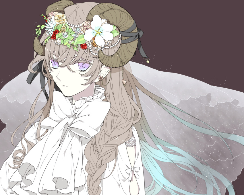 bow braid brown_hair earrings flower head_wreath highres horns jewelry kai28 long_hair original veil violet_eyes