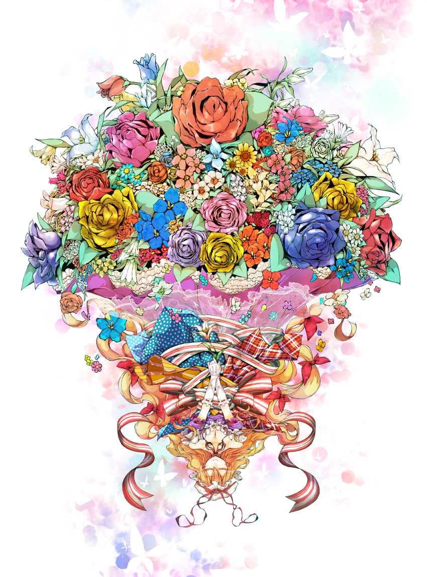 1girl blonde_hair bouquet breasts butterfly cleavage closed_eyes dress elbow_gloves flower gloves hair_ribbon hat hat_ribbon highres hokuto_(scichil) lily_(flower) long_hair puffy_sleeves purple_dress red_rose ribbon rose short_sleeves solo touhou tress_ribbon upside-down v_arms very_long_hair white_gloves yakumo_yukari yellow_rose