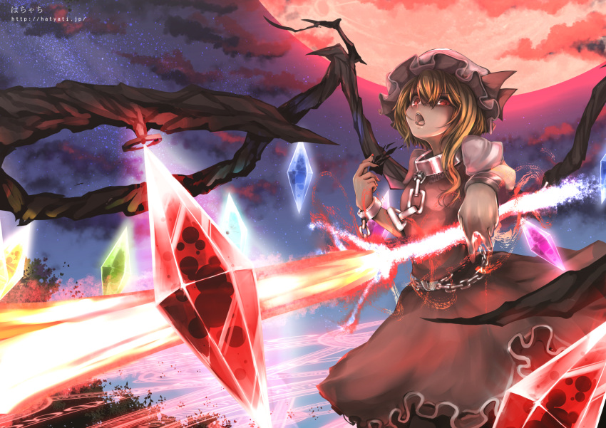 1girl blonde_hair chain chestnut_mouth clouds collar flandre_scarlet full_moon glowing glowing_wings hachachi hat hat_ribbon highres laevatein looking_at_viewer moon night open_mouth red_eyes red_moon ribbon shackle shirt side_ponytail sky solo star_(sky) starry_sky touhou wings