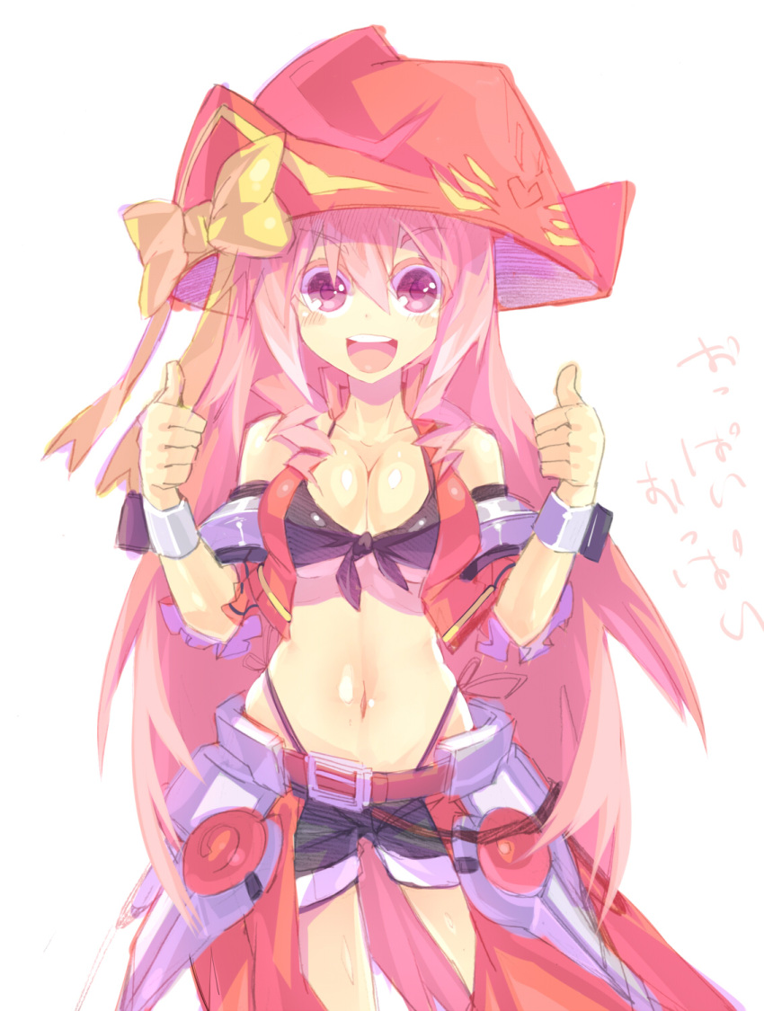 1girl breasts cleavage hat highres long_hair looking_at_viewer mamuru open_mouth original pink_eyes pink_hair simple_background smile solo thumbs_up translated very_long_hair white_background