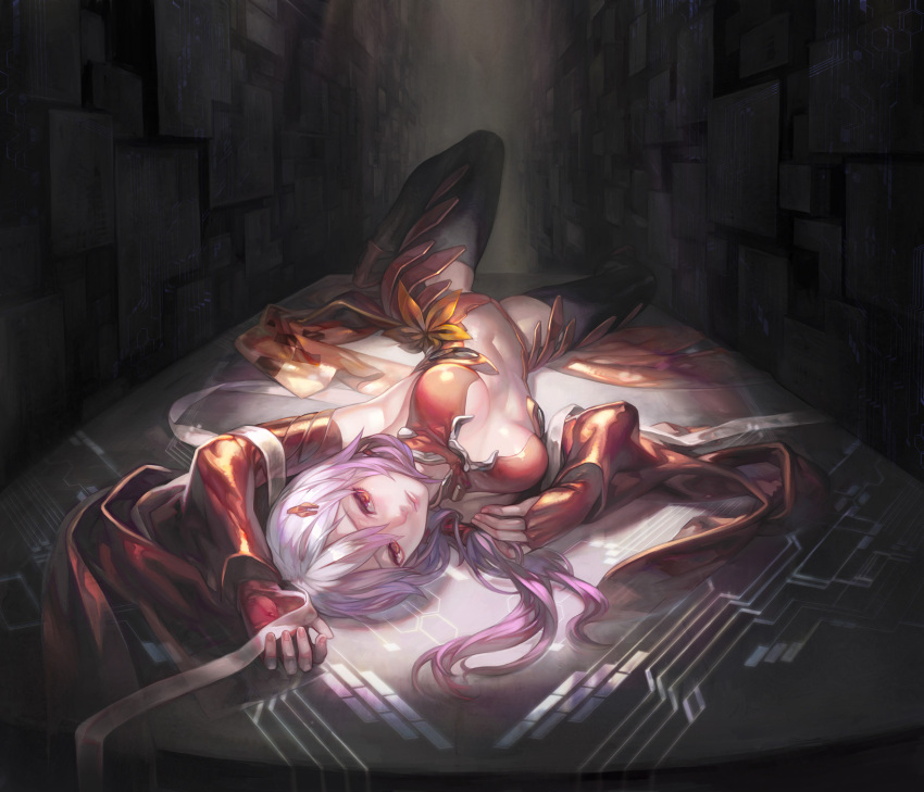 1girl aoin bare_shoulders black_legwear breasts center_opening detached_sleeves fingerless_gloves gloves guilty_crown hair_ornament hairclip highres lips long_hair lying on_back pink_hair red_eyes smile solo thigh-highs twintails yuzuriha_inori