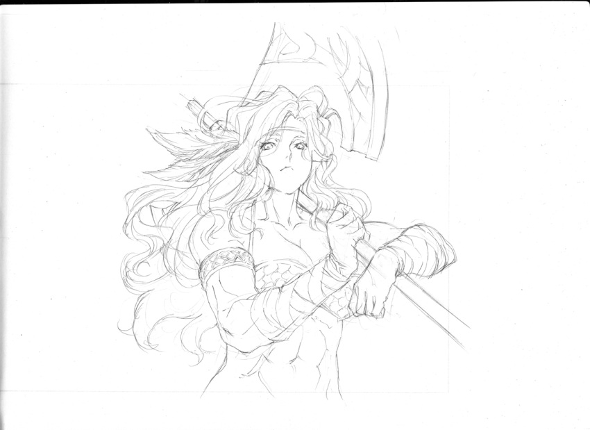 abs amazon_(dragon's_crown) axe breasts cleavage dragon's_crown long_hair monochrome muscle sketch solo weapon