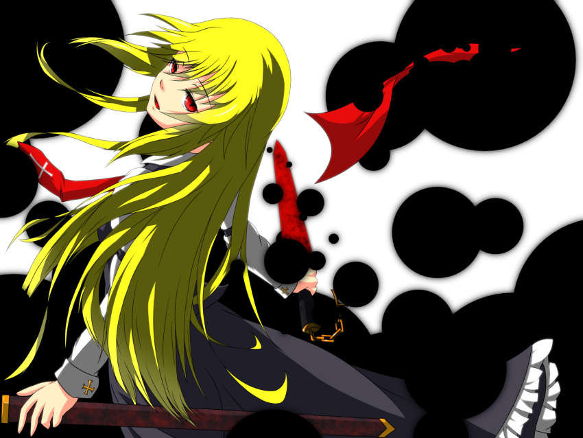 1girl alternate_hair_length alternate_hairstyle arm_garter blonde_hair chain circle cross cuff_links darkness dress_shirt ex-rumia expressionless eyelashes frills glowing glowing_weapon highres long_hair long_sleeves looking_at_viewer looking_back necktie open_mouth red_eyes red_ribbon ribbon rumia s-ghost scabbard sheath shirt simple_background skirt skirt_set slit_pupils solo sword touhou vest weapon white_background white_shirt