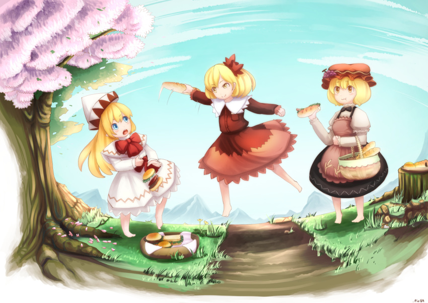 3girls :3 :t aki_minoriko aki_shizuha apron baguette barefoot basket blonde_hair blue_eyes bow bread capelet cherry_blossoms dandelion dress eating flower food fruit furim grapes grass hamburger hat jumping leaf_hair_ornament lily_white long_hair long_sleeves multiple_girls open_mouth outdoors path picnic road rock short_hair stump touhou tray tree yellow_eyes