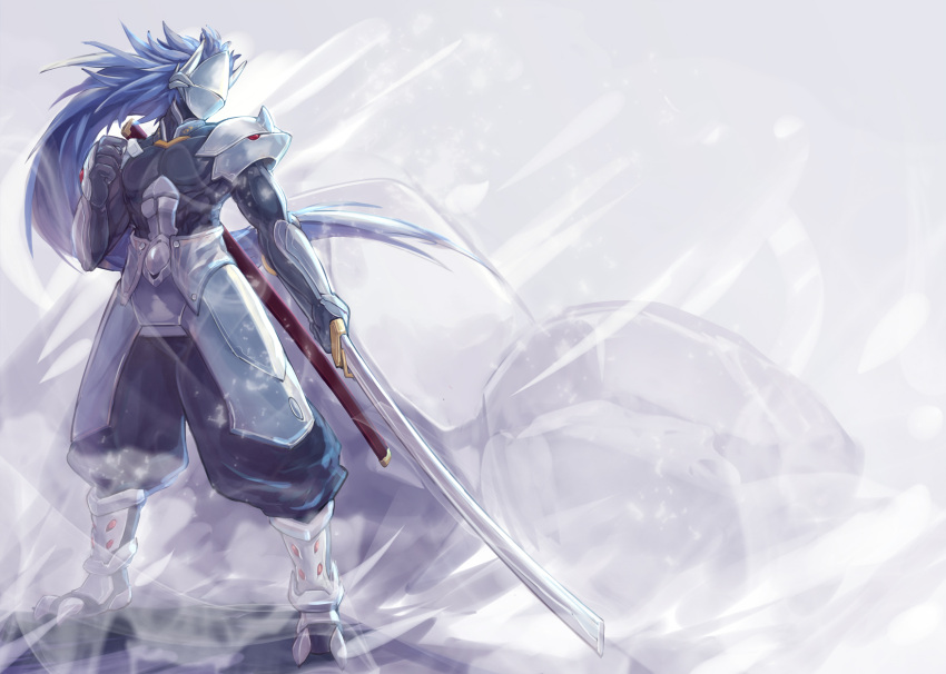 1boy armor blazblue hakumen highres ice long_hair male mask mkd78236 red_eyes silver_hair solo sword weapon