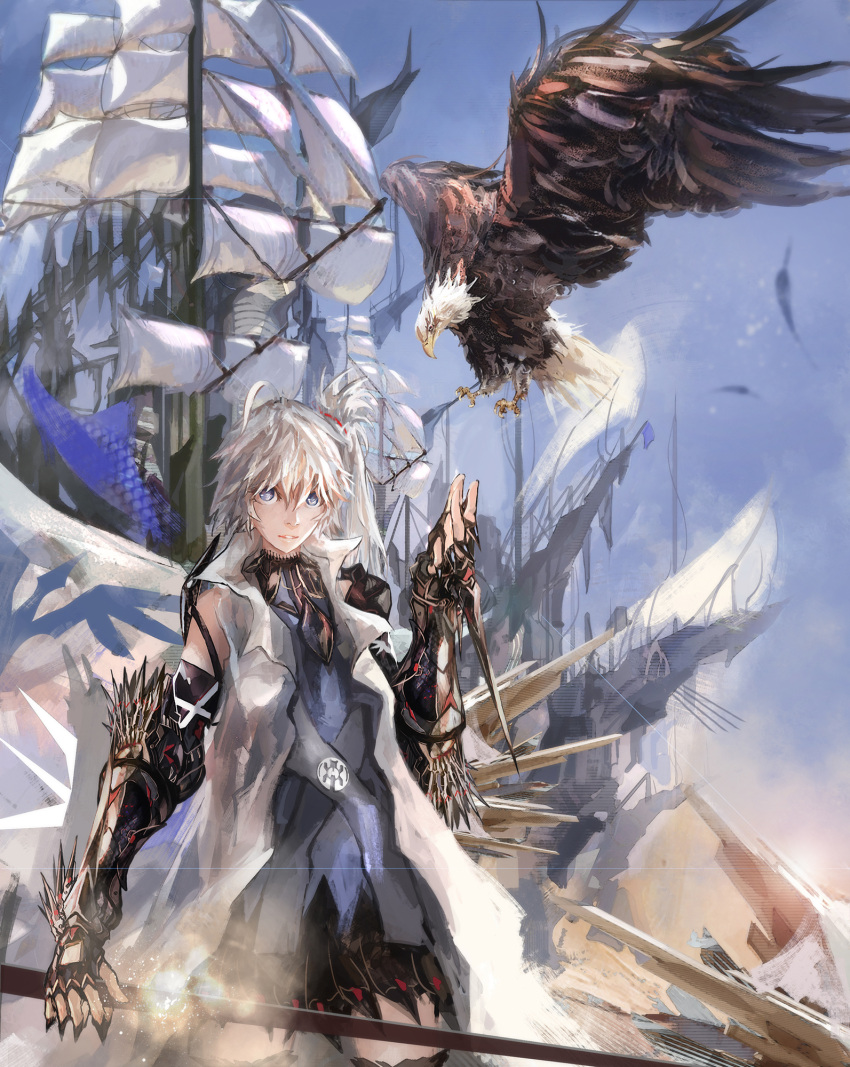 1girl bird blue_eyes eagle feathers gauntlets highres kxxxxxxxxxxx pixiv_fantasia pixiv_fantasia_new_world sail ship side_ponytail sword weapon white_hair