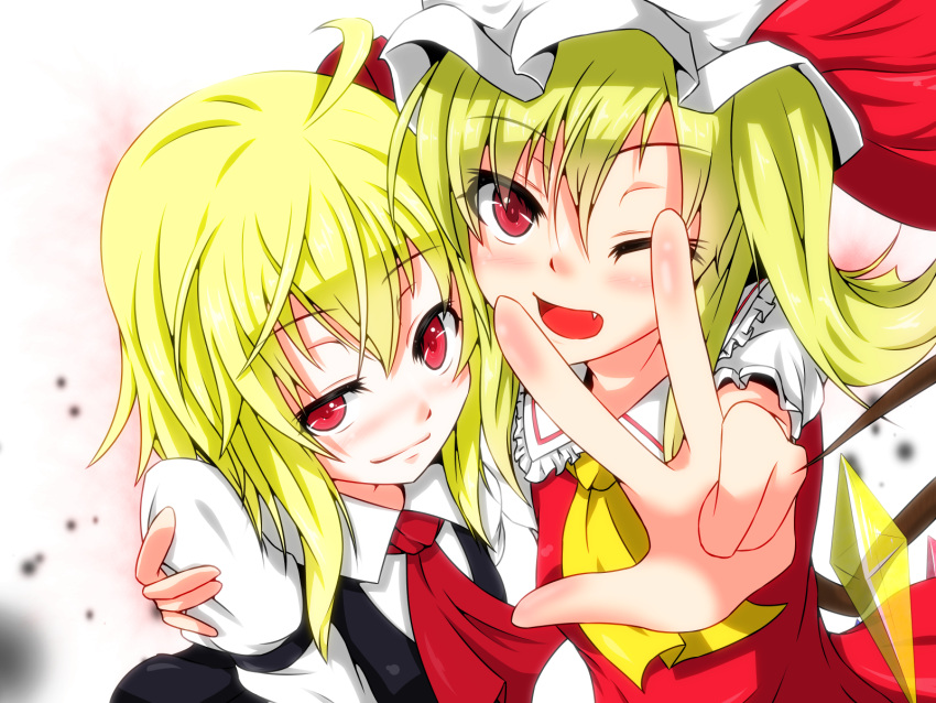 2girls ;d ahoge arm_garter ascot blonde_hair blush bow dress_shirt eyelashes fang flandre_scarlet foreshortening frills hair hair_bow happy hat hat_bow highres hug light_smile mob_cap multiple_girls open_mouth outstretched_arm red_eyes rumia s-ghost shirt short_hair simple_background skirt skirt_set smile touhou v vest white_shirt wings wink