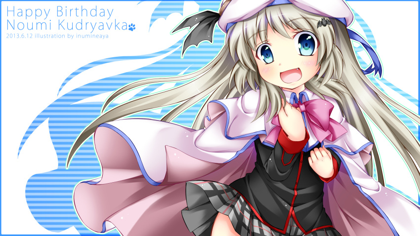 1girl blue_eyes cape fang hat highres inumine_aya little_busters!! long_hair noumi_kudryavka plaid plaid_skirt school_uniform silver_hair skirt