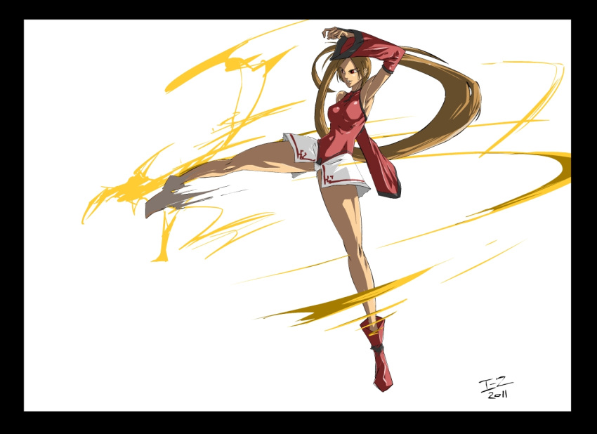 1girl armpits bare_legs boots border breasts brown_eyes brown_hair chinese_clothes detached_sleeves guilty_gear hair_ring irving-zero kicking kuradoberi_jam large_breasts long_hair motion_blur panties skirt solo twintails underwear very_long_hair