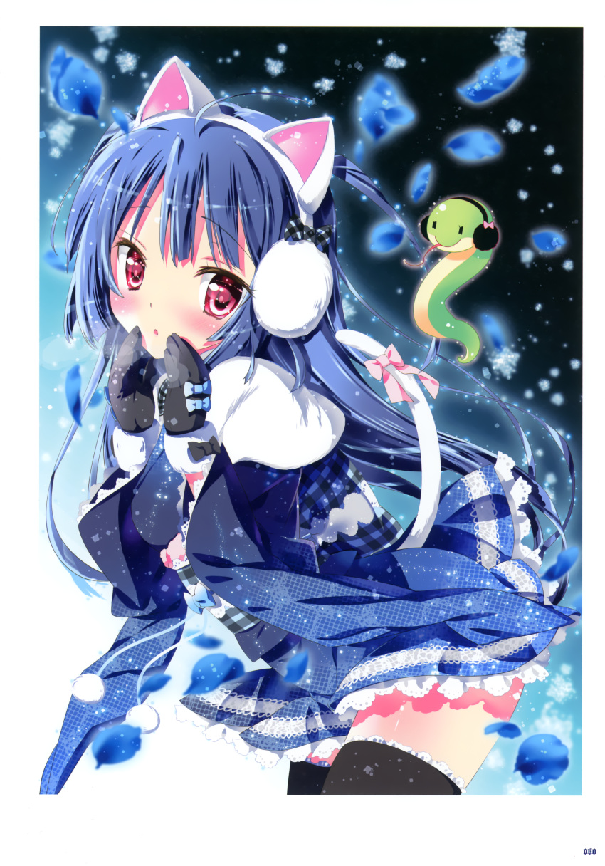 1girl absurdres animal_ears black_legwear blue_hair cat_ears cat_tail earmuffs frilled_skirt headphones highres himeka_(pairon) japanese_clothes kamiya_maneki kimono mittens momoiro_taisen_pairon petals ribbon skirt snake tagme tail tail_ribbon thigh-highs violet_eyes